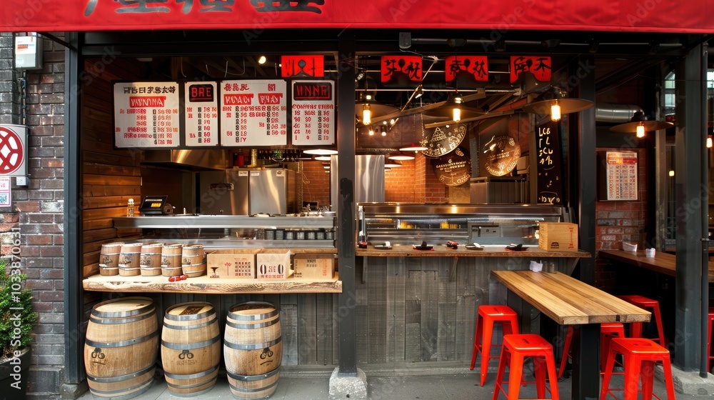 Obraz premium A lively street food stall in a bustling urban environment showcasing a vibrant red awning and enticing menu offerings displayed prominently