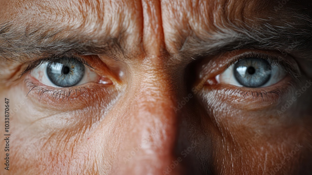 A man with a furrowed brow and blue eyes A man with a furrowed brow and blue eyes
