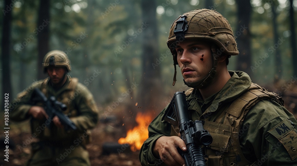 Fototapeta premium Airsoft Battle: Soldiers Clash in Intense Combat Simulation