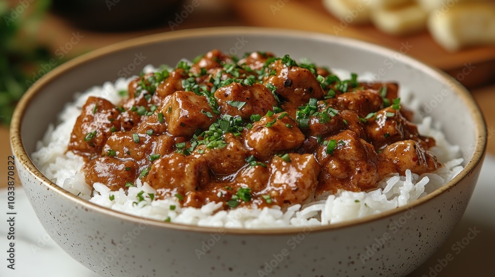A bowl of rice topped with savory chicken in a rich sauce. A bowl of rice topped with savory chicken in a rich sauce.