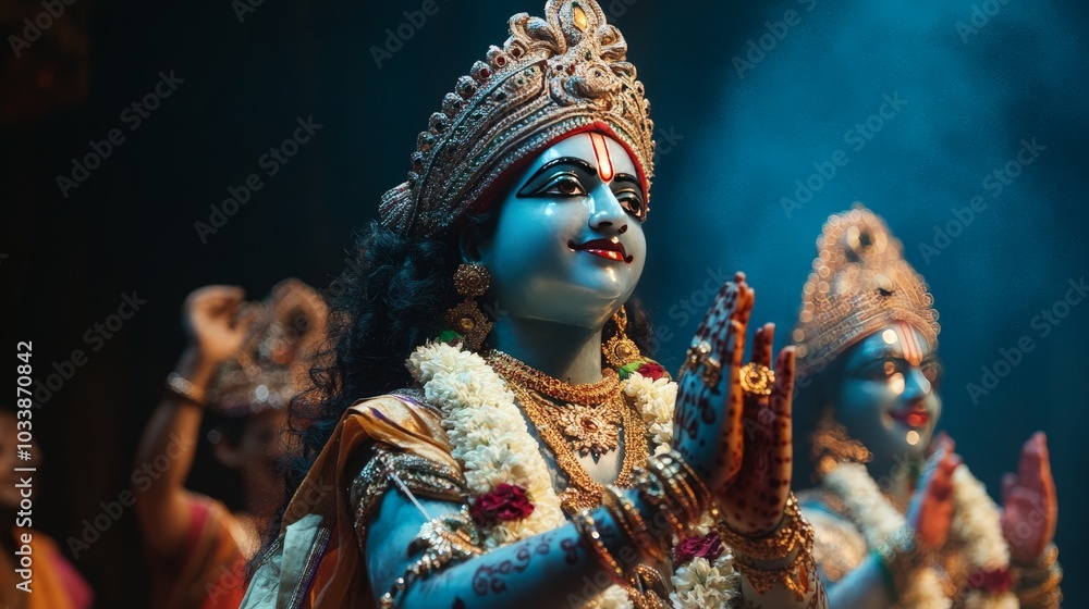 A dynamic shot of a Krishna dance drama performance, with actors depicting his divine plays and stories A dynamic shot of a Krishna dance drama performance, with actors depicting his divine plays and stories