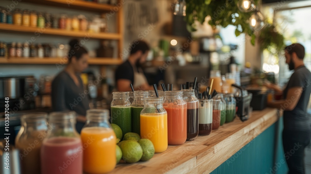 A dynamic shot of a juice bar preparing fresh organic juices, with customers eagerly waiting for their drinks A dynamic shot of a juice bar preparing fresh organic juices, with customers eagerly waiting for their drinks