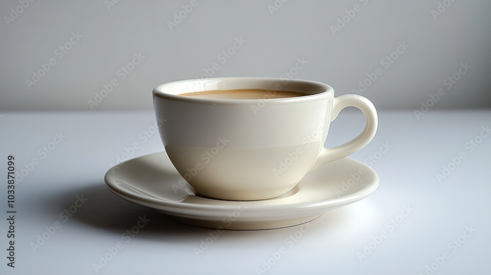 A white coffee cup sits on a white saucer A white coffee cup sits on a white saucer