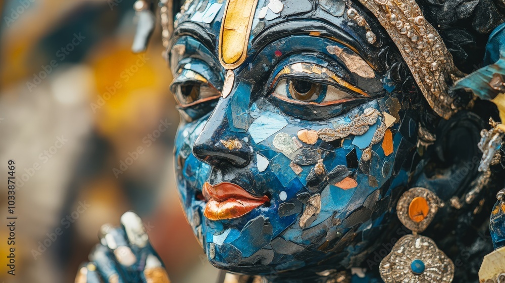 A dynamic shot of a modern Krishna sculpture made of recycled materials, showcasing sustainable art practices A dynamic shot of a modern Krishna sculpture made of recycled materials, showcasing sustainable art practices