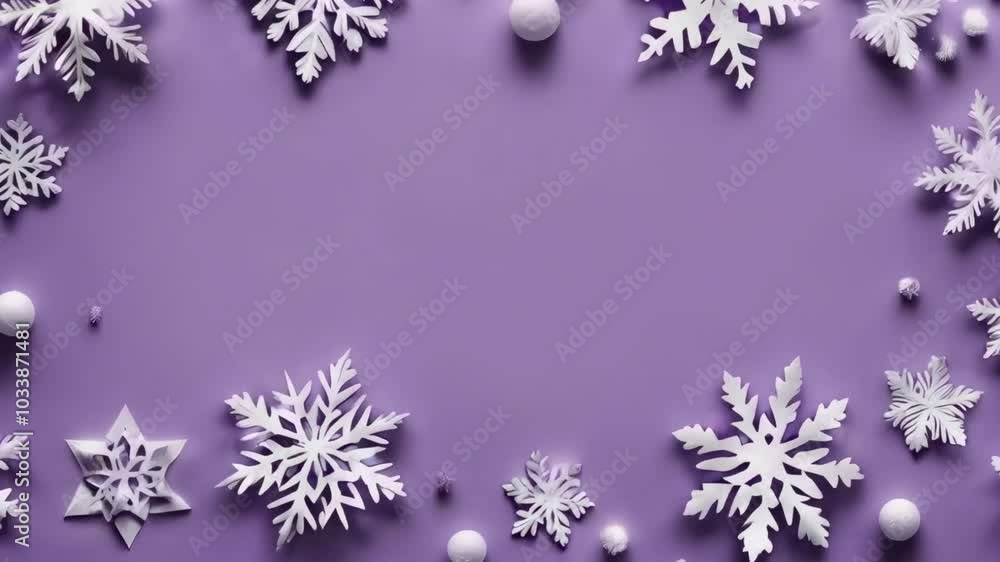 3D animated Christmas video with white snowflakes falling on a violet background. Perfect for holiday cards, festive greetings, and seasonal digital designs. 3D animated Christmas video with white snowflakes falling on a violet background. Perfect for holiday cards, festive greetings, and seasonal digital designs.