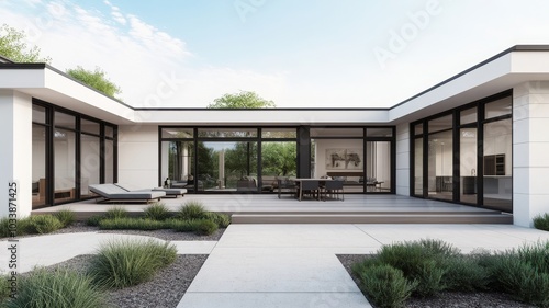 Modern house exterior featuring glass walls, open patio, and lush landscaping, exuding elegance and contemporary design.