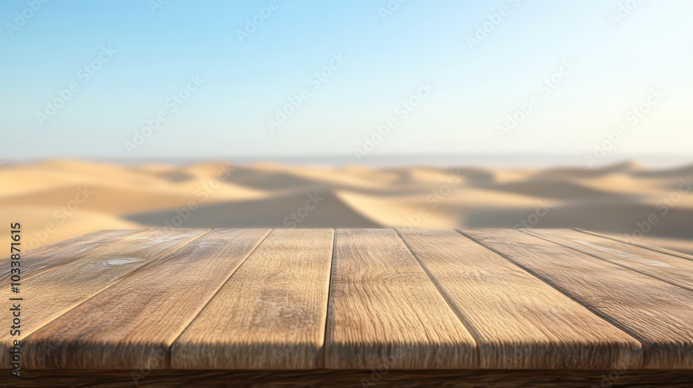 A serene wooden table overlooking vast desert dunes under a clear blue sky, ideal for a calming landscape setting. A serene wooden table overlooking vast desert dunes under a clear blue sky, ideal for a calming landscape setting.