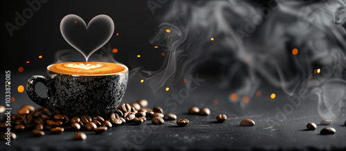 Hot Black Coffee Cup with Heart-Shaped Steam and Coffee Beans - Coffee Lover's Delight