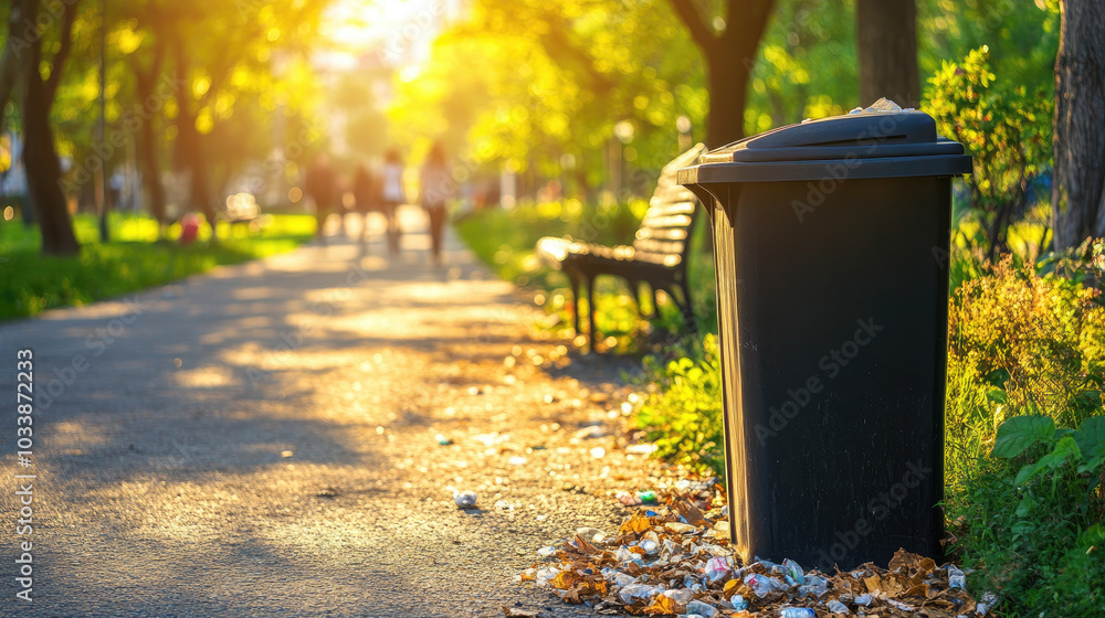 Fototapeta premium Trash bin beside a park bench in a city public park, with people walking on the path in the background. --chaos