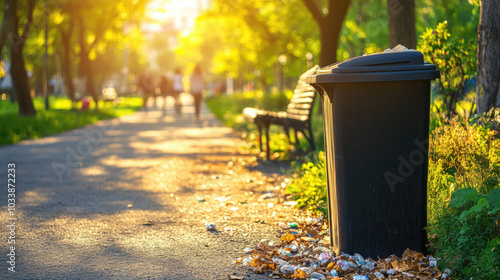 Trash bin beside a park bench in a city public park, with people walking on the path in the background. --chaos