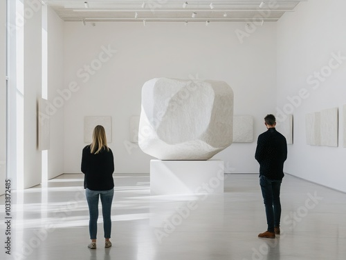 Two visitors admire a modern sculpture in a bright art gallery, showcasing creativity and minimalist design.