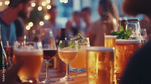 A dynamic shot of a social gathering where guests are enjoying different alcoholic beverages, from cocktails to beers
