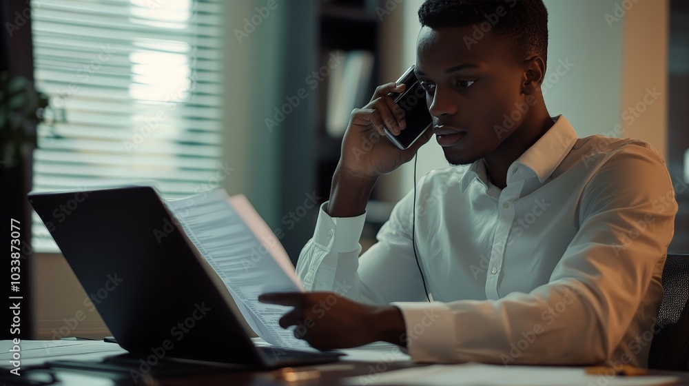 A dynamic shot of a solopreneur taking a call from a client while reviewing documents, multitasking with ease A dynamic shot of a solopreneur taking a call from a client while reviewing documents, multitasking with ease
