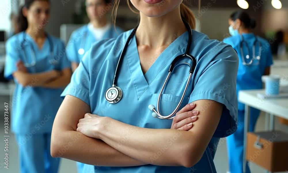 A healthcare professional in scrubs with a stethoscope. A healthcare professional in scrubs with a stethoscope.