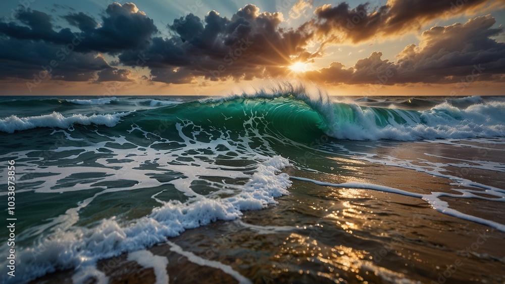 Breathtaking Waves Crashing on the Majestic Shore, Captured with Bokeh Effect Breathtaking Waves Crashing on the Majestic Shore, Captured with Bokeh Effect