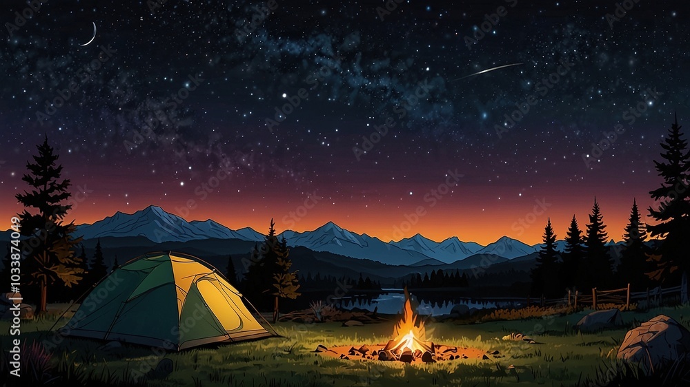 Camping Memories: A Single Line Drawing of a Nostalgic Campfire Night Camping Memories: A Single Line Drawing of a Nostalgic Campfire Night