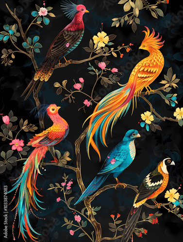 Birds of various colors on black background
