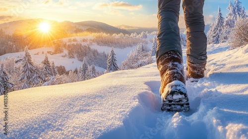 Winter Hike at Sunrise in Snow-Covered Landscape