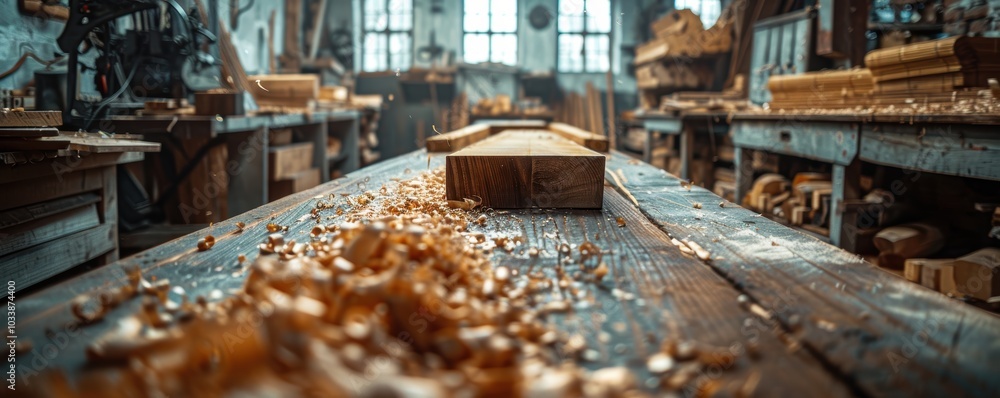 A panoramic view of a traditional woodworking shop filled with wooden planks, shaving tools, and sawdust, capturing the meticulous craftsmanship and rustic ambiance A panoramic view of a traditional woodworking shop filled with wooden planks, shaving tools, and sawdust, capturing the meticulous craftsmanship and rustic ambiance