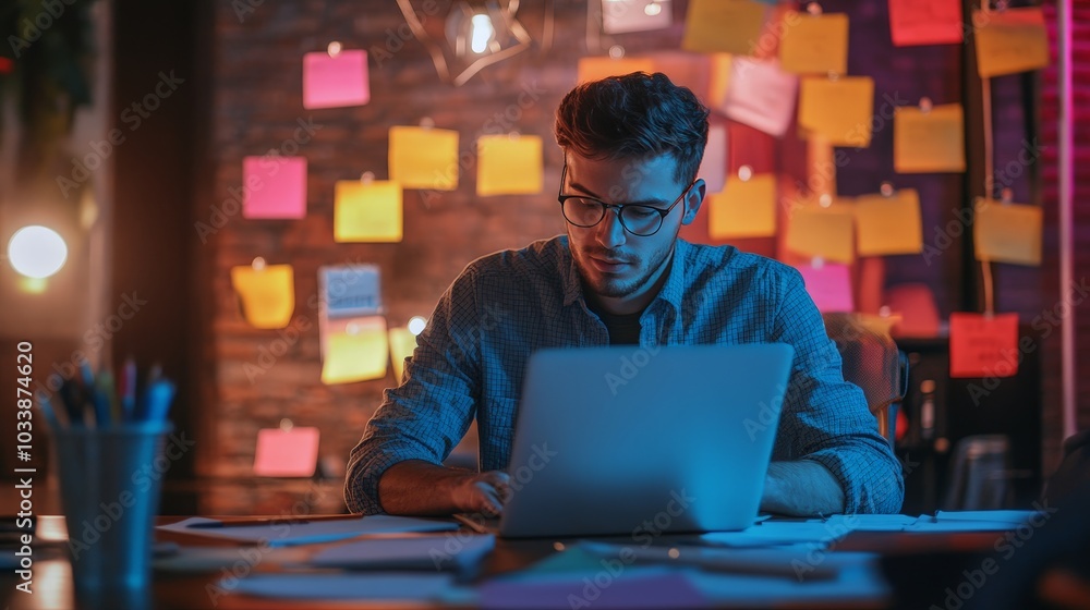 A dynamic shot of an entrepreneur working late at a coworking space, surrounded by notes and a laptop A dynamic shot of an entrepreneur working late at a coworking space, surrounded by notes and a laptop