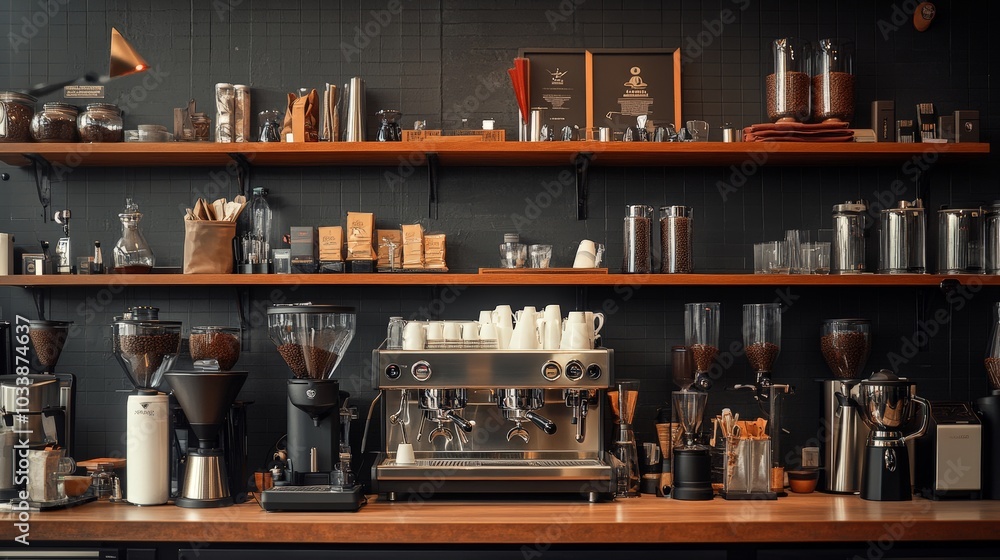 A dynamic shot of an espresso bar with various coffee-making tools and equipment on display A dynamic shot of an espresso bar with various coffee-making tools and equipment on display