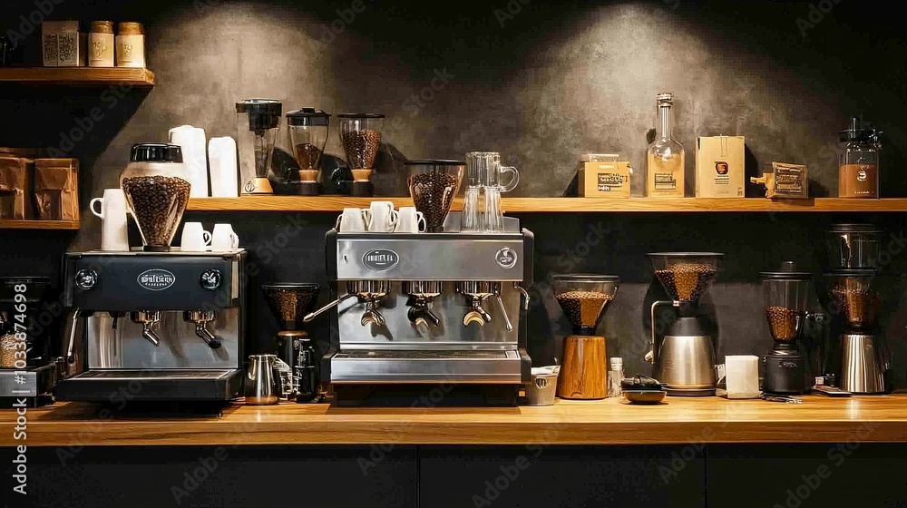 A dynamic shot of an espresso bar with various coffee-making tools and equipment on display A dynamic shot of an espresso bar with various coffee-making tools and equipment on display