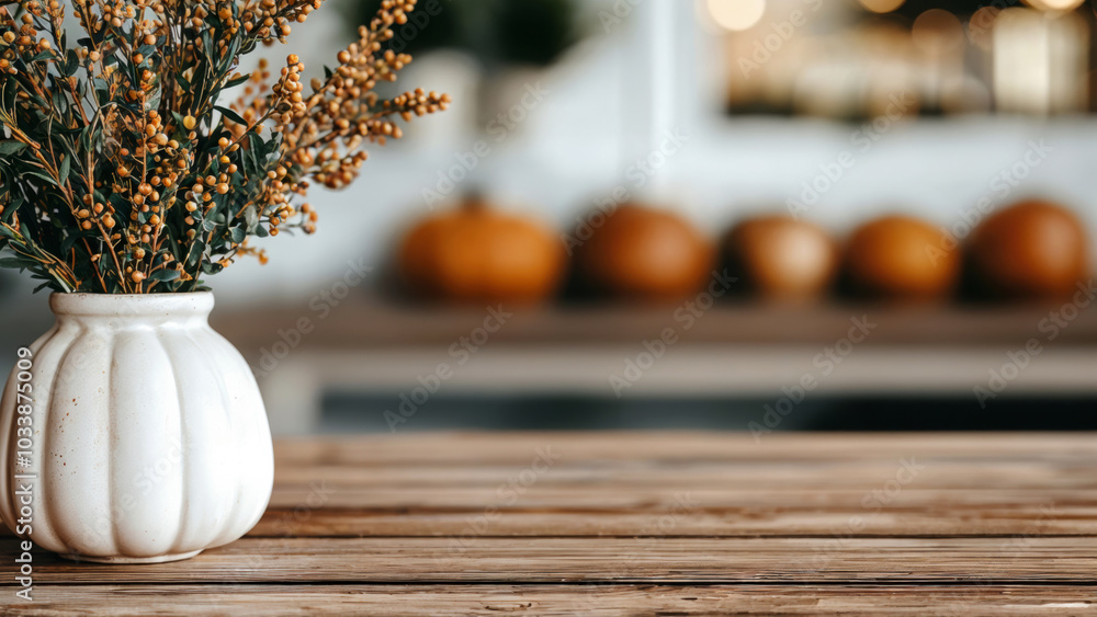Empty wooden table with white vase and dry flowers decoration Empty wooden table with white vase and dry flowers decoration