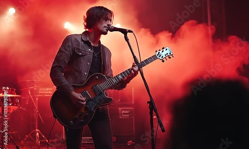 Musician performing on stage with dramatic lighting and smoke.