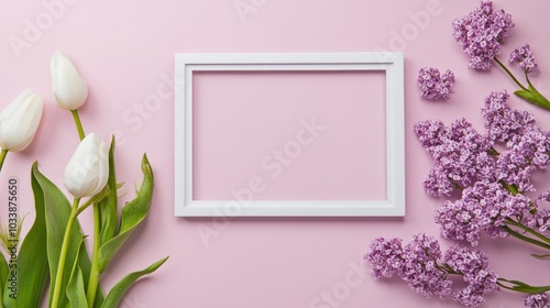 White Tulips and Lilac Flowers Around a White Frame