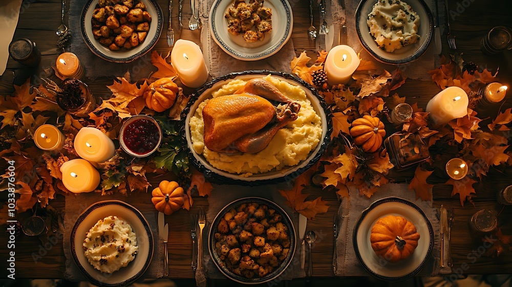 A fully set Thanksgiving table captured from above, showcasing turkey, mashed potatoes, stuffing, and cranberry sauce, with autumn leaves, candles, and small pumpkins adding a festive touch. A fully set Thanksgiving table captured from above, showcasing turkey, mashed potatoes, stuffing, and cranberry sauce, with autumn leaves, candles, and small pumpkins adding a festive touch.