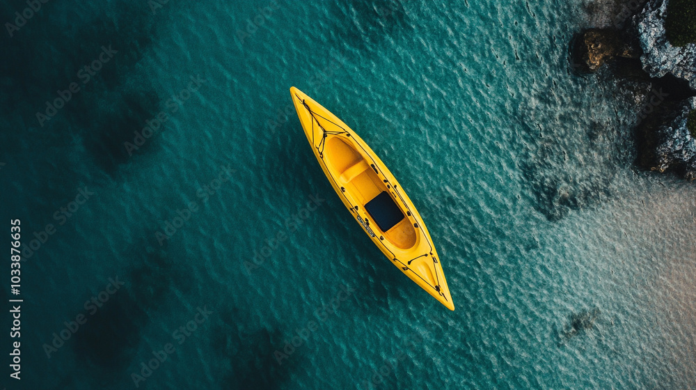 A bright yellow kayak floats on clear turquoise waters by a rocky shore during midday A bright yellow kayak floats on clear turquoise waters by a rocky shore during midday