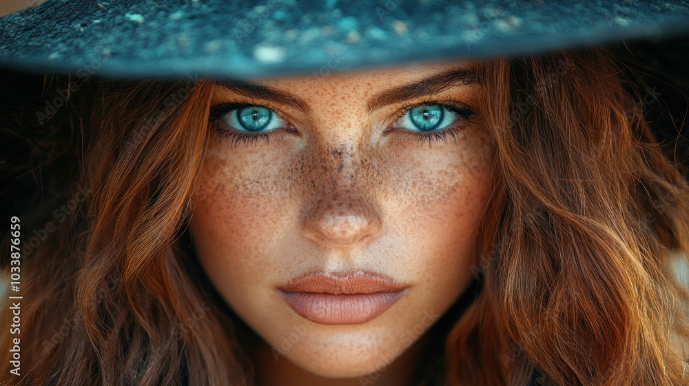 A stunning close-up portrait of a person with remarkable blue eyes and freckles, wearing a wide-brimmed hat and displaying outstanding beauty and striking features A stunning close-up portrait of a person with remarkable blue eyes and freckles, wearing a wide-brimmed hat and displaying outstanding beauty and striking features