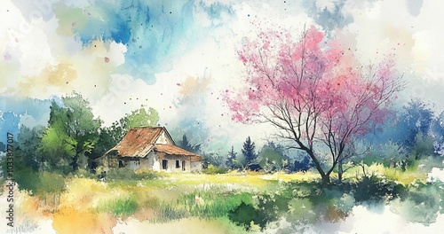 風景　田舎　水彩画風