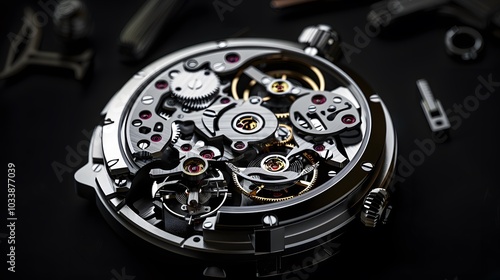 Intricate dismantled mechanical watch with detailed gears and springs on dark background, symbolizing precision and complexity in teardown analysis.