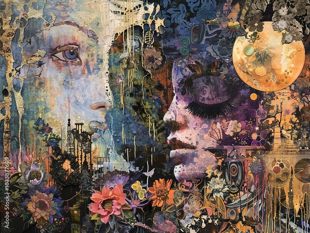 Dreamlike Collage Portrait with Flowers and Moon Dreamlike Collage Portrait with Flowers and Moon