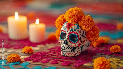 Colorful sugar skull with marigold flowers and candles on a wooden table with traditional Mexican decorations for Day of the Dead.