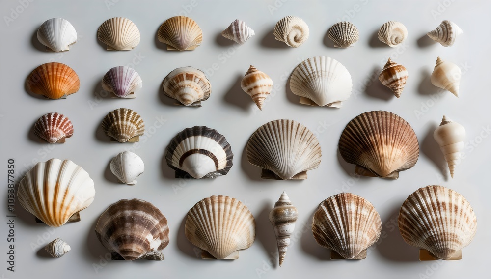 Collection of Diverse Sea Shells Displayed in Rows, Featuring Various Shapes, Sizes, and Colors, Including Conical, Spiral, and Fan-Shaped Shells, Perfect for Nature, Marine Life, and Beach-Themed Pro Collection of Diverse Sea Shells Displayed in Rows, Featuring Various Shapes, Sizes, and Colors, Including Conical, Spiral, and Fan-Shaped Shells, Perfect for Nature, Marine Life, and Beach-Themed Pro