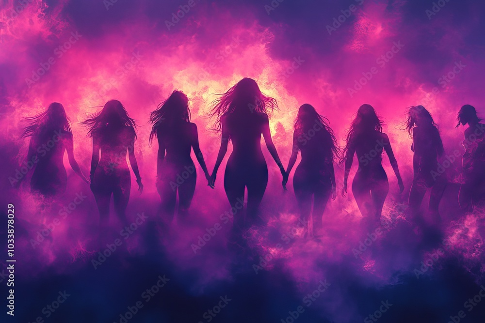 Fototapeta premium Pretty flirty girls dance raise their hands at a party wearing stylish outfits in glossy dresses in a modern club room