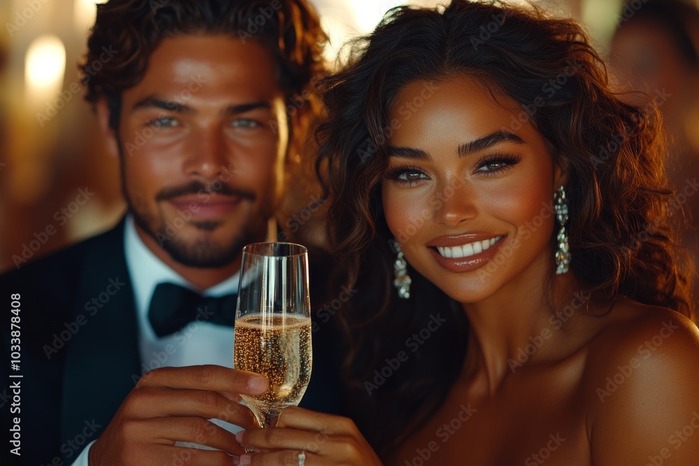 Beautiful young couple in formalwear toasting with champagne while spending time on a luxury party Beautiful young couple in formalwear toasting with champagne while spending time on a luxury party