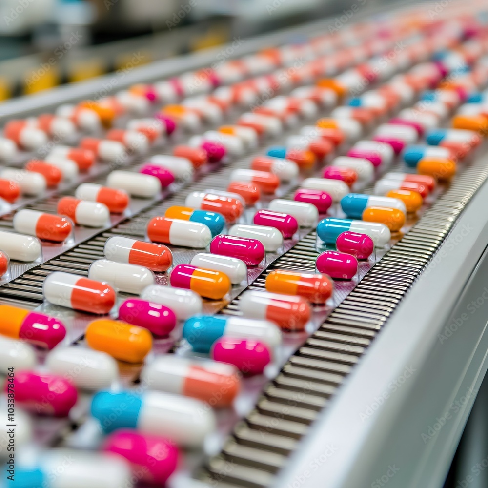 Obraz premium Colorful capsules on a production line, showcasing the pharmaceutical manufacturing process.