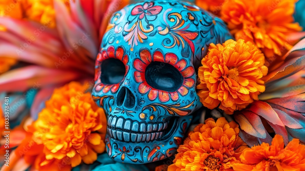 Decorated sugar skull with marigolds. Decorated sugar skull with marigolds.