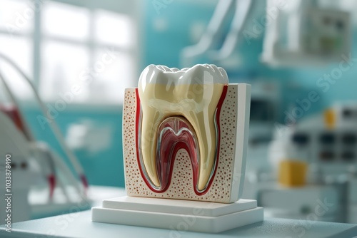 Detailed anatomical model of a tooth showcasing its layers, ideal for dental education and awareness.