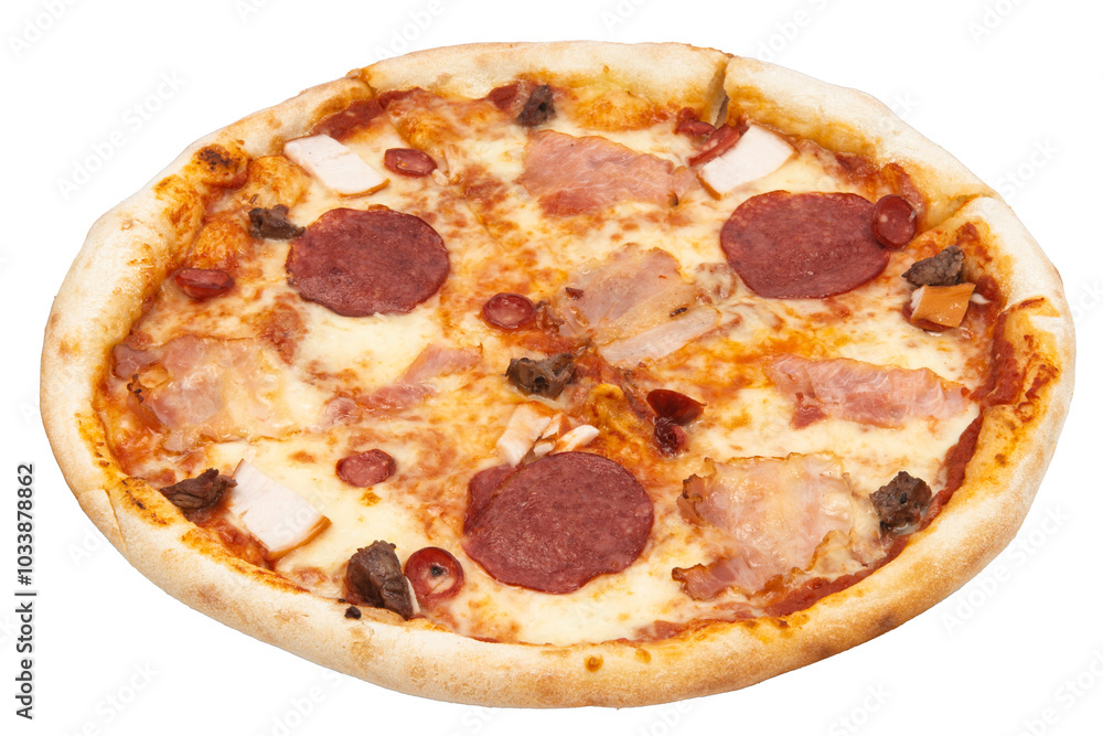 Slice of salami pizza isolated on a white background. Sliced pizza overhead view. Slice of salami pizza isolated on a white background. Sliced pizza overhead view.