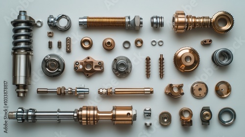 A collection of mechanical components arranged for assembly.