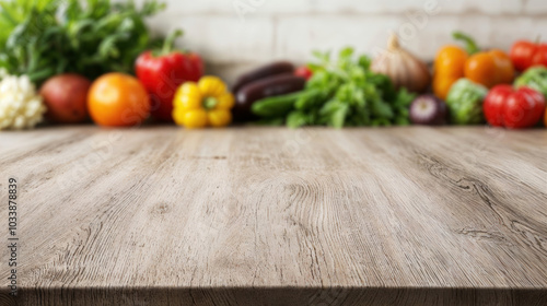 Empty wooden tabletop with fresh vegetables background, perfect for product placement or food related montage photo