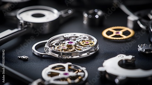 Intricate dismantled mechanical watch with detailed gears and springs on dark background, symbolizing precision and complexity in teardown analysis. photo