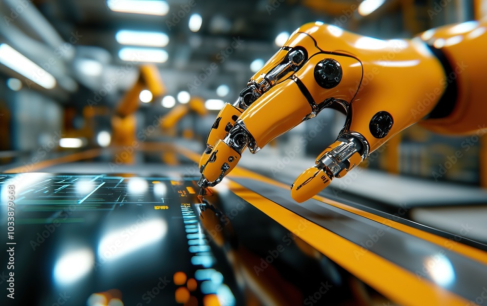 Robotic hand operates machinery in a modern industrial setting, showcasing automation in manufacturing. Robotic hand operates machinery in a modern industrial setting, showcasing automation in manufacturing.