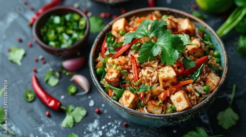 Spicy Stir Fried Chicken and Vegetables in Colorful Ceramic Bowl on Rustic Wooden Table Healthy Flavorful Asian Inspired Meal with Fresh Ingredients and Vibrant Colors