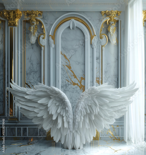 Realistic White Angel Wings on Gold and Marble Background: Celestial Photo Upgrade