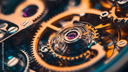 Intricate dismantled mechanical watch with detailed gears and springs on dark background, symbolizing precision and complexity in teardown analysis. photo